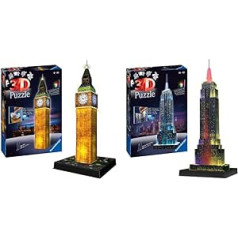 Ravensburger 3D mīklu Empire State Building naktī bērniem un pieaugušajiem un 3D mīklu Bigbens naktī ar 216 gabaliņiem bērniem un pieaugušajiem, Londonas ievērojams objekts miniatūrā formātā