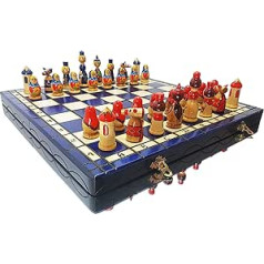 Šaha meistars lielā matrjoška 42 x 42 cm Holz handbemalt dekoratives Schachspiel für Erwachsene und Kinder (BLAU)