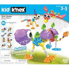 Dino Dudes celtniecības komplekts, Kid K'NEX, Basic Fun, 85611, Amatniecības komplekts bērniem ar 100 gabaliem, Smieklīga celtniecības rotaļlieta zēniem un meitenēm, Dinozauru rotaļlieta zēniem un meitenēm no 3 gadiem