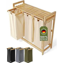 AMBIAVO® Laundry Basket, 3 Compartments (Beige, 100% Cotton, Bamboo, 90 L Volume), Laundry Hamper for Dirty Laundry, Laundry Sorting System, Wood Laundry Sorter, Laundry Box, Laundry Baskets