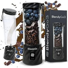 BlendyGo 3® blenderis smūtiju veidotājs, smūtiju mikseris mazs, mini pārnēsājams blenderis, pārnēsājams blenderis, USB, smūtiju veidotājs lietošanai, statīvs mikseris 550 ml, BPA nesaturošs, PulseMotion un BlendPro tehnoloģija (melns)