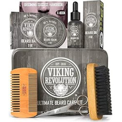 Viking Revolution Beard Care Set for Men - Ultimate with 100% Boar Bristles Beard Brush, Wooden Beard Comb, Beard Balm, Beard Oil, Moustache & Beard Scissors in a Metal Box