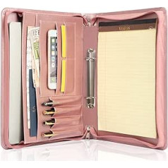 Calfinder Ring Binder Folder A4, 2 Ring Binder File Folder A4 with Zip, PU Leather Conference Folder Planner with A4 Clipboard/Pad, Document Folder Organiser, Gift for Women/Women, Rose Gold