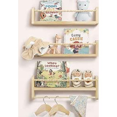 Mazjoaru Wooden Wall Shelf, Children's Room, Bookcase, Set of 3, Floating Shelf, Children's Shelf, Wooden Shelf with Wooden Bead Design for Organiser, Kitchen, Spice Rack, Wall Decoration, Storage