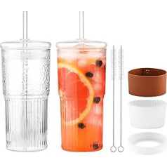 Pohoudy Glasbecher mit Deckel und Strohhalmen, 625 ml, caurspīdīgs, hohe Borosilikatgläser, Trinkbecher-Set für Eiskaffee, Wasser, Smoothie, 2 Stück