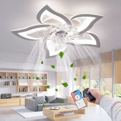 RRBEST LED griestu ventilators ar apgaismojumu, radošums, 5 spuldzes, kluss, regulējams ventilatora apgaismojums, griestu apgaismojums ar tālvadības pulti un lietotņu vadību (balts, 60 cm)