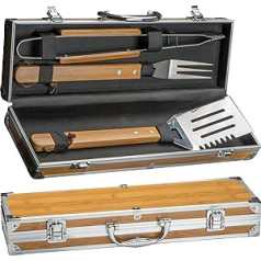 3-Piece Barbecue Set Barbecue Cutlery in Metal Case in Bamboo Look with Barbecue Tongs, Grill Fork and Barbecue Turner
