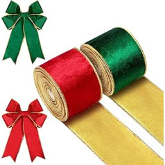 2 Rolls Christmas Velvet Ribbons with Wired Edges Christmas Ribbons Gift Ribbons with Wire Decorative Ribbons for Christmas Tree Gift Packaging (Red, Green, 6.4 cm x 6 Yards)