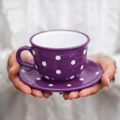 City to Cottage — keramikas kafijas krūze, tējas krūze, 350 ml, purpursarkani un balti punktiņi, rokām gatavota kafijas krūze ar apakštasīti, kapučīno krūze