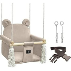 NATILU® Baby Swing Set Indoor Outdoor | Bear Beige Velvet | Swing | Children's Swing | Nursery Swing | Toddler Swing | Wooden Swing | Swing Seat | Swing from 6 Months + for Home, Garden