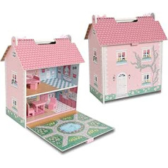 DEQUBE - Portable wooden dollhouse - 2 storey playhouse with loft and garden with handles for easy transport - Includes 7 play accessories - Size 39 x 34.5 x 18 (913D00017)