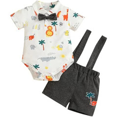 Formal Kids Bodysuits for Newborn Infant Boys Short Sleeve Solid Cartoon Print Bow Tie Romper Suspenders Pants Outfits