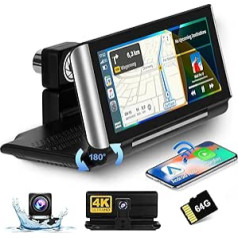 Hikity Wireless CarPlay Android automašīnas ekrāns ar 4K kameras kameru, 7 collu IPS pārnēsājams salokāms skārienekrāns CarPlay displejs, Car Play monitors ar BT 5.0 AUX FM Airplay Mirror Link 64GB TF