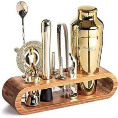 Mixology & Craft Cocktail Set (10 Pieces) - Elegant Cocktail Shaker Set with Shaker Made of Stainless Steel and Bar Accessories in Wooden Bamboo Stand - Decorative Gift Set - Gold