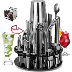 CKductpro Bartender Set, 41-Piece Boston Cocktail Shaker Stainless Steel Bar Set, Rotating Acrylic Stand, Stainless Steel Cocktail Shaker Set, Cocktail Bar, Gift, Party Gift Choice, Large, Silver