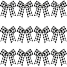 Pack of 12 Christmas Plaid Bow Buffalo Plaid Decorative Bow Christmas Decorative Plaid Bows for Christmas Wreaths Tree House Indoor Outdoor Decoration (Black and White, 6 x 6 inches)