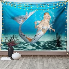 ABAKUHAUS Mermaid gobelēns un gultas pārklājs, Fairy Tale Tropic Ocean, izgatavots no mīksta mikrošķiedras auduma, mazgājams bez izbalēšanas, digitālā druka, 230 x 140 cm, jūras zila