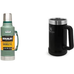 Stanley Classic Legendary Bottle 1,9 l Hammertone Green & Adventure Vacuum Stone 709 ml Matte Black - Termiskā krūze ar rokturi uztur alu aukstu 7 stundas - Vintage iedvesmota alus krūze