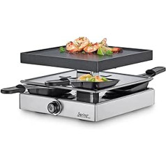 Spring Classic Raclette 4 personas sudraba krāsā, elektrisks galda grils, alumīnija grila plāksne ar nepiedegošu pārklājumu, 4 pannas un raclette skrāpis, stāvošs, 22,5 x 21,5 x 13,5 cm, raclette grils