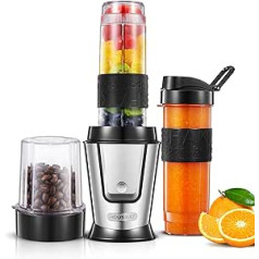 HOUSNAT Smoothie Maker To Go, 500 W Stand Mixer, Coffee Grinder, 280 ml, Blender Electric with 2 Tritan Plastic Sports Bottle, 570 ml, Portable, BPA-Free, Dishwasher Safe, Stainless Steel