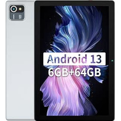 HotLight planšetdators 10 collu Android 13 planšetdators ar 6 GB RAM + 64 GB ROM + 128 GB SD paplašinājums, 5000 mAh, 1280 x 800 IPS HD, dubulta kamera, planšetdators ar četrkodolu procesoru sudraba krāsā