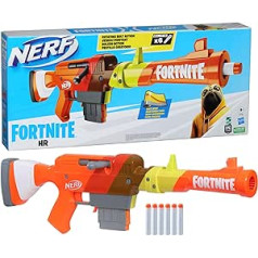 Nerf Fortnite HR Dart Blaster, Ruff Wrap dizains, 6 šautriņu Elite klips, 6 Nerf Elite šautriņas, rotējoša skrūve, noņemams kāts