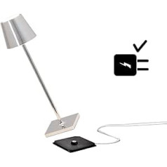 Zafferano Poldina Pro Micro Wireless LED galda lampa, uzlādējama 2200-2700-3000K, IP65 lietošanai iekštelpās/ārā, ilgs kalpošanas laiks, alumīnijs, augstums 27,5 cm ar vairākiem USB lādētājiem (ES/UK/ASV) - sudraba krāsa