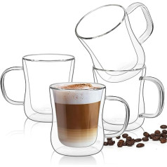ComSaf dubultsienu Latte Macchiato glāzes 4 x 250 ml, 4 kafijas tasīšu komplekts, stikls izgatavots no borsilikāta stikla, kafijas glāze, tējas glāzes ar rokturi kapučīno, latte, tēja, ledus Americano, piens,
