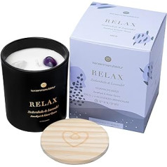 Kerzenmanufaktur Relax Scented Candle Soy Wax Scented Candle Crystal Candle (220 g) Vegan Candle in Glass with Relaxing Fragrances of Lavender & Cedarwood Amethyst & Clear Quartz Environmentally Friendly