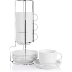 Sweejar mājas porcelāna espresso krūzes ar apakštasītēm, 230 ml sakraujamas kapučīno krūzes ar metāla statīvu kafijas dzērieniem, latte, tēja, 4 komplekts (balts)