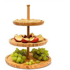 Relaxdays Etagere Bambus Augstums: 25 cm D: 30 cm 3-stöckige Obstetagere aus Holz mit 3 runden Schalen zur Ablage von Gebäck, Kekse, Party-Snacks, Nüsse, Süßigkeiten als Obstteller und Servierplatte, natur