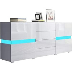 Senvoziii bufete kumode spīdīgi baltā Highboard bufete ar 2 durvīm 4 atvilktnes un LED apgaismojumu 177 cm