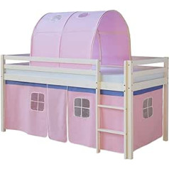 Homestyle4u 1559 Children's Cabin Bed with Ladder, Tunnel, Pink Curtain, Solid Pine Wood, White, 90 x 200 cm