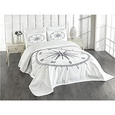 Abakuhaus Maritime Bedspread Set, Monochromatic Wind Rose Art, Set with Pillow Cases, Washable, for Double Bed, 264 x 220 cm, Navy Blue, White