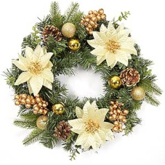 HAUSPROFI 40 cm Door Wreath Christmas, Artificial Christmas Door Wreath, Christmas Garland with Ball, Berries and Pine Cones for Front Door, Fireplace, Christmas Decoration - Golden