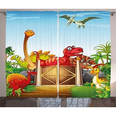 ABAKUHAUS Dinosaur Rustic Curtain, Cartoon Dinosaurs in Park, Bedroom Curling Tape Curtain with Loops and Hooks, 280 x 245 cm, Multi-Colour