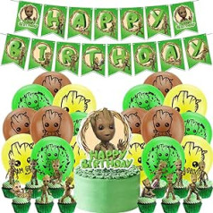 LKNBIF Groot Birthday Decorations Pack of 32 Groot Party Suppries Groot Balloons Dekorācija ar daudz laimes dzimšanas dienas reklāmkarogu balonu kūkas virsma