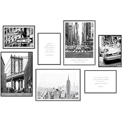 Hyggelig Home Premium plakātu komplekts — 7 atbilstoši attēli stilīgā komplektā — kolāžas attēla sienu dekorēšana — 3 x DIN A3 + 4 x DIN A4 — komplekts Ņujorka — bez rāmja