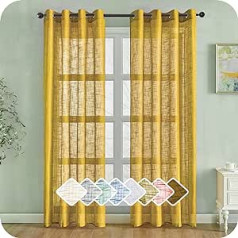 MRTREES Voile Curtains, Short, Set of 2, Linen Look Curtain with Eyelets, Modern Curtains, Scarves, Mustard Yellow, 225 × 140 (H×W), for Living Room, Bedroom, Children's Room