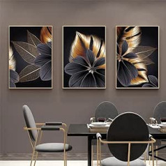 ConBlom 3 dizaina audekla plakātu sienas attēlu komplekts, abstrakts melns zelta augu lapu audekla plakāts, moderns ziemeļvalstu dekorācijas sienas mākslas gleznojums attēls