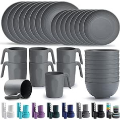 Kyraton plastmasas galda piederumu komplekts ar 32 atkārtoti lietojamiem viegliem svara šķīvjiem, krūzēm, bļodām, galda piederumiem, lai tīrītu mikroviļņu krāsnī droši BPA bez trauku mazgājamās mašīnas. Drošs pakalpojums 8 personām