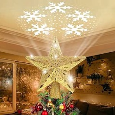 Christmas Tree Topper Light Star with 3D Rotating Snowflake Projector Lights 2-in-1 Gold Glitter Star Tree Topper Snowfall LED Lights for Home Holiday Party Christmas Tree Decorations