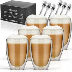 VALNOVA® Latte Macchiato glāzes [6 x 350 ml] - Divsienu kafijas glāzes ar 6 x karotēm - Kapučīno glāzes izgatavotas no borsilikāta stikla ar termisku efektu karstiem un aukstiem dzērieniem