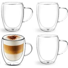 350ml Double Walled Glass Coffee Cups and Mugs, Heat Resistant Heat Insulating Cups for Hot/Cold Drinks, Cappuccino Latte Macchiato Glasses, Dishwasher Safe, Hot Drinks, Tea