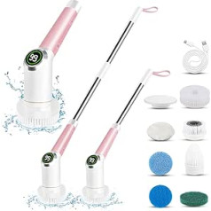 ConBlom Electric Cleaning Brush Bath, 7-in-1 Electric Spin Scrubber, Household Cleaning Brush with Telescopic Rod, 3 Gears/Digital Display, Electric Brush for Cleaning (Pink)