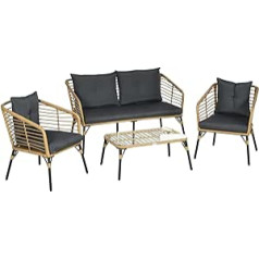 Outsunny 4-Piece Garden Furniture Set, Rattan Seat Set with Cushions, 3 Armchairs, 1 Coffee Table, Balcony Furniture in Boho Style for 4 People, Sand + Dark Grey