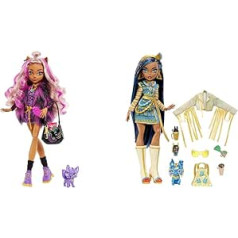 Monster High Mattel Clawdeen Doll with Animal Print Jumper and Scary Beautiful Longsleeve Top & Cleo de Nile Doll Royal Outfit, Killer Boots