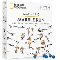 NATIONAL GEOGRAPHIC Magnetic Marble Run — 75 daļīgs STEM būvēšanas komplekts bērniem un pieaugušajiem ar magnētiskiem celiņu un triku gabaliem un marmoru, lai izveidotu marmora labirintu uz jebkuras magnētiskas virsmas