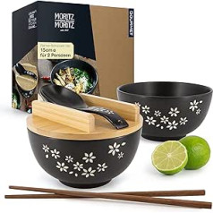 Moritz & Moritz 2 x Ramen keramikas bļodas, 600 ml, 15 cm diametrs, melns Ramen bļodas komplekts 2 personām, zupai, Pho un suši bļodiņai, komplektā ir kociņi, vāks un karote