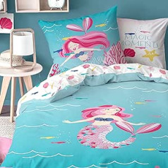 MTOnlinehandel Mermaid Girls Flannelette gultas veļa · Bērnu gultas veļa · Mermaid Magic Moments · Mīksta ziemas gultas veļa ar maināmu motīvu – Spilvendrāna 80 x 80 cm Segas pārvalks 135 x 200 cm – 100